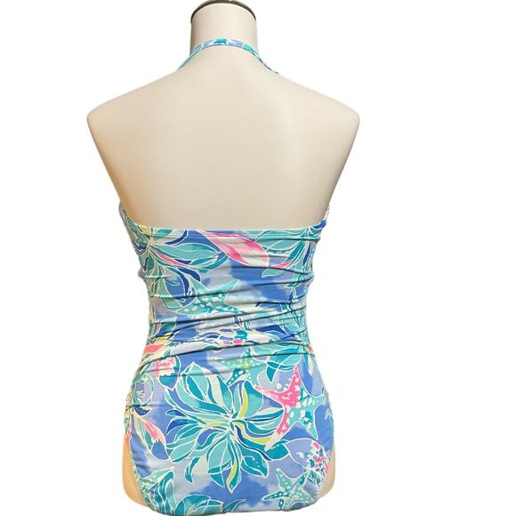 Lilly Pulitzer Blue Celestial Seas Ruched 1 Piece Swimsuit Size 8 Pink Green - Picture 2 of 10